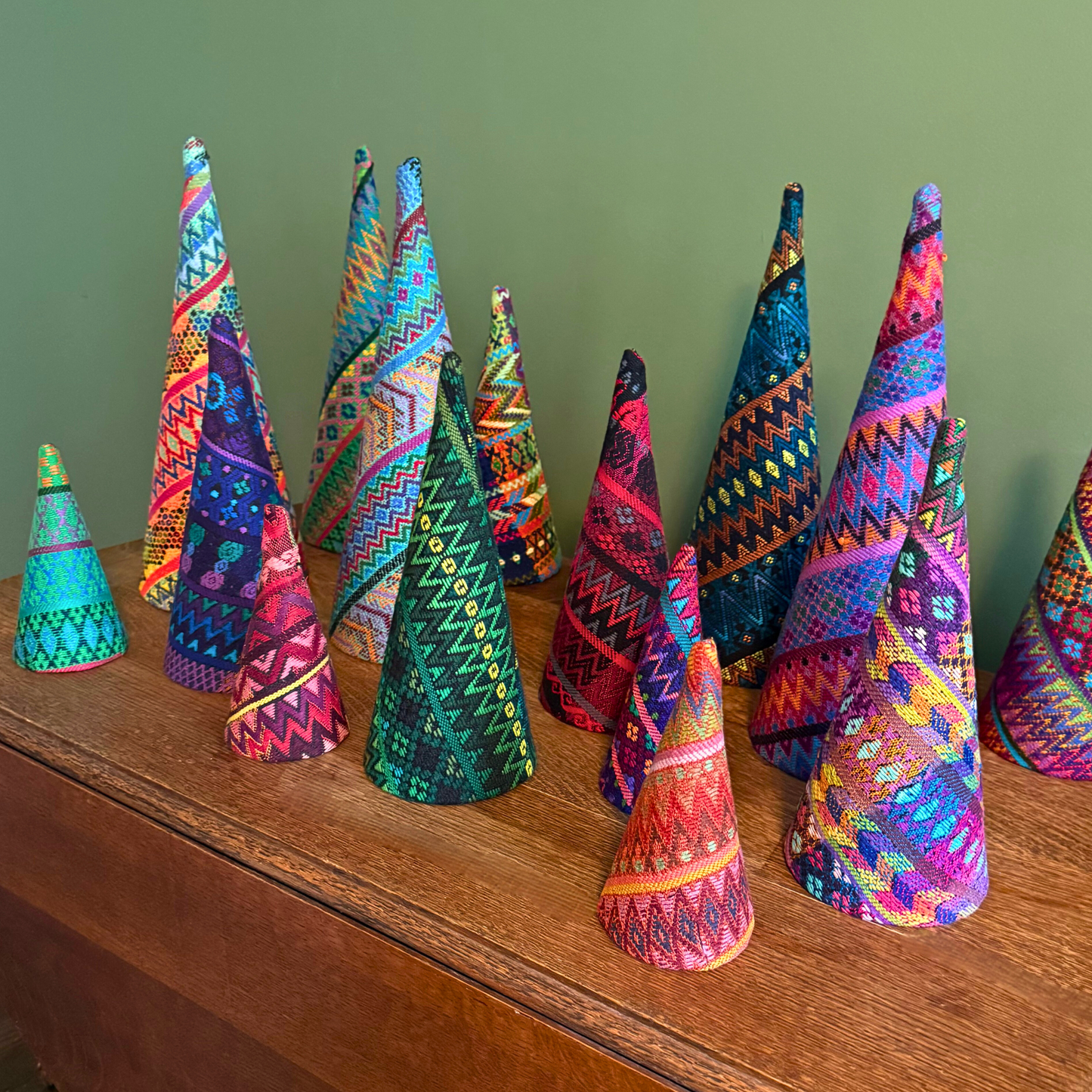 Colorful Handwoven Christmas Tree Set – Vintage Huipil Holiday Decor (Set of 3)