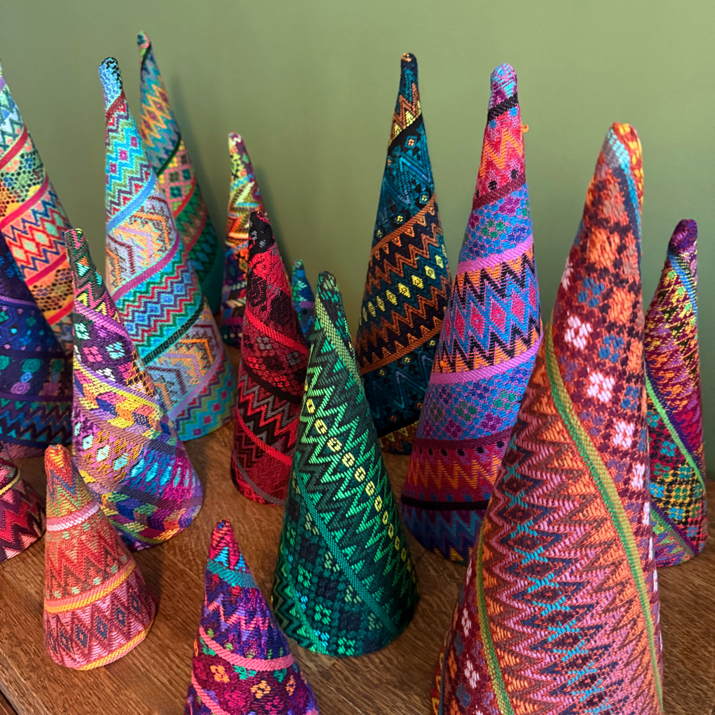 Colorful Handwoven Christmas Tree Set – Vintage Huipil Holiday Decor (Set of 3)