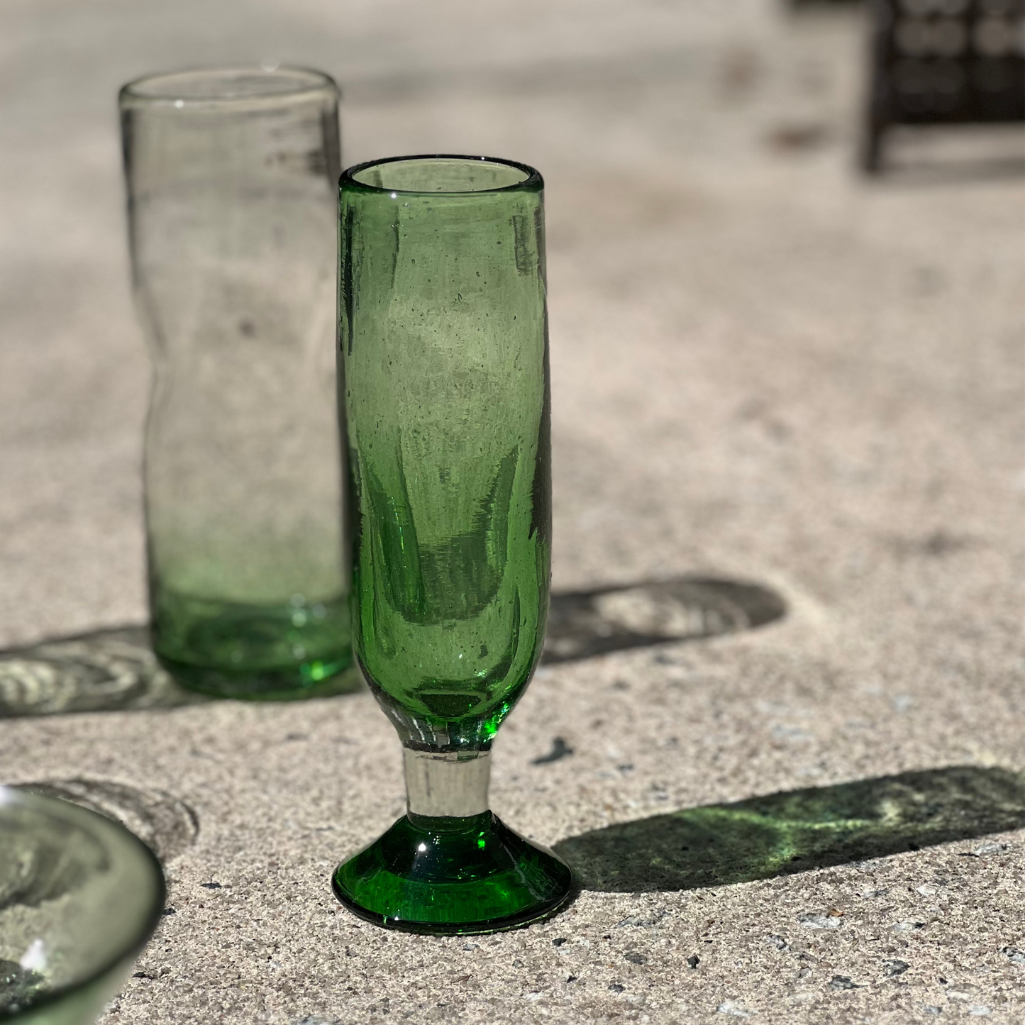 Handblown Green Champagne Flutes, Set of 2