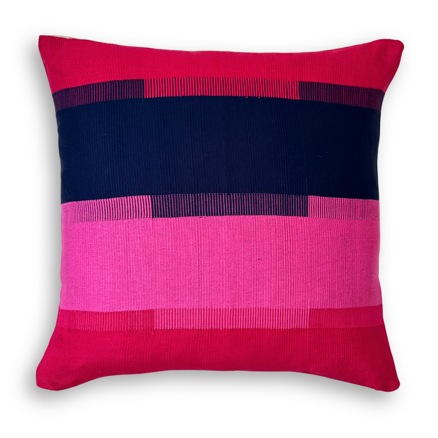 Handwoven Color Block & Hemp Pillow - Navy & Pink