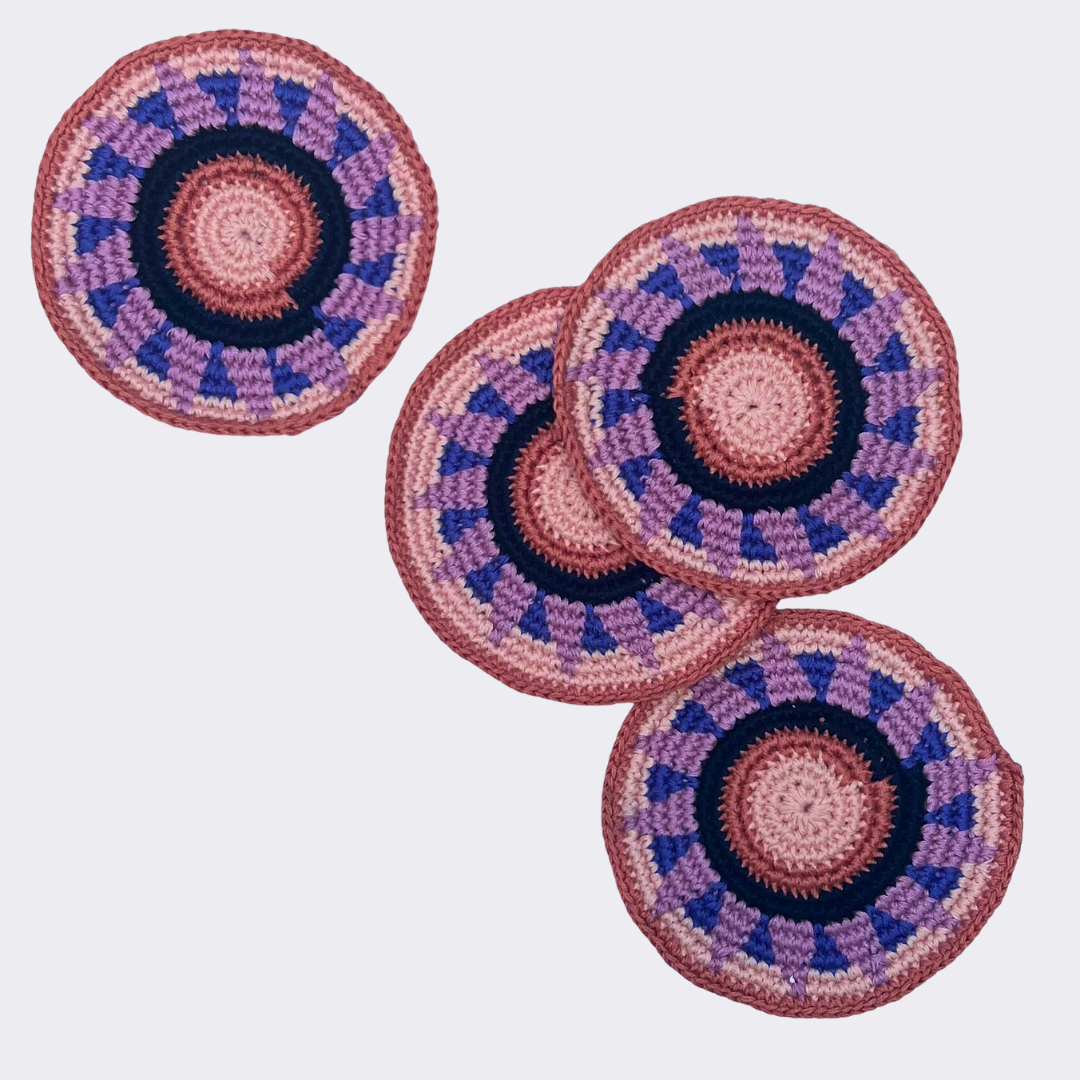 Coral & Blue Crocheted Coasters, Set of 4