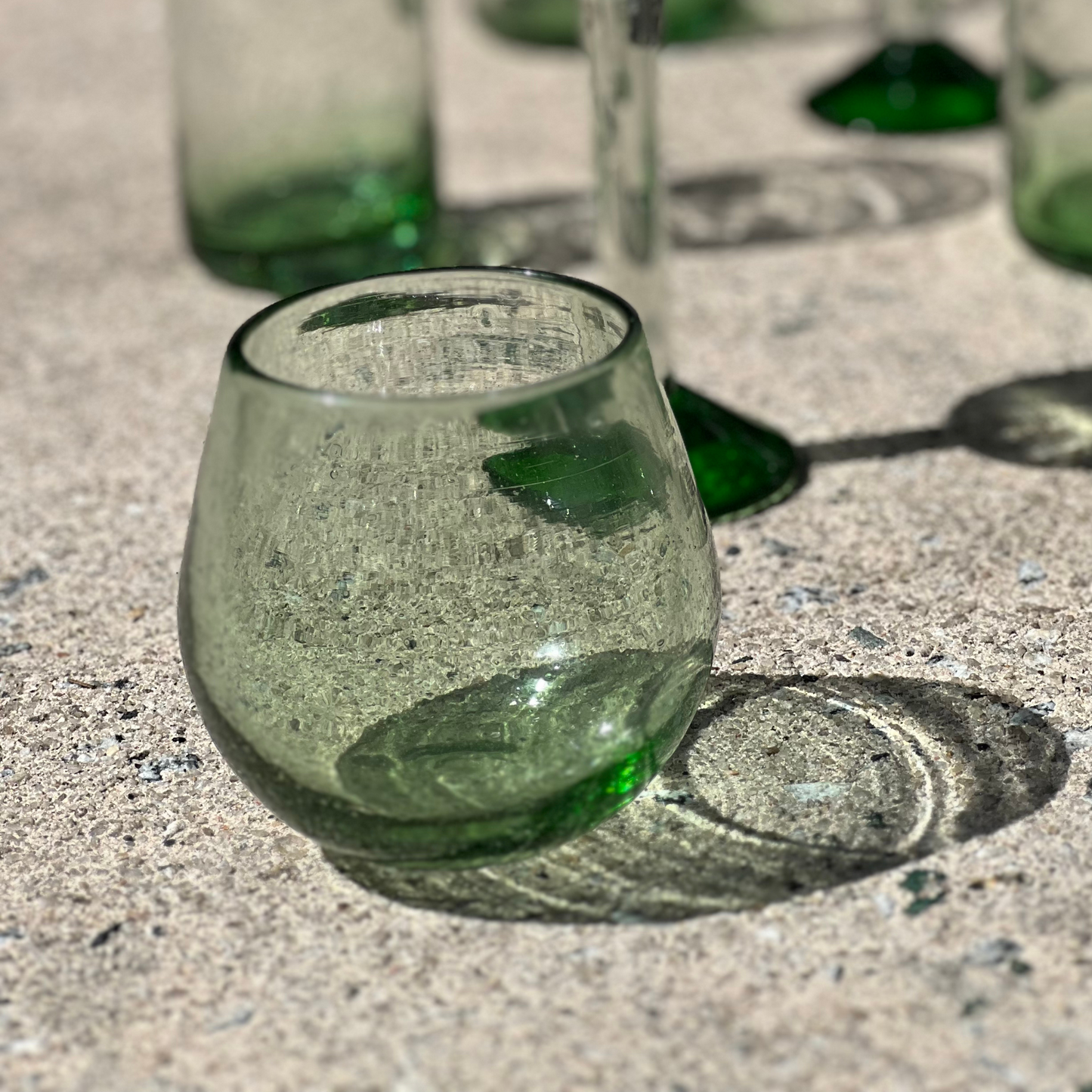 Handblown Green Stemless Wine Glasses, Set of 2