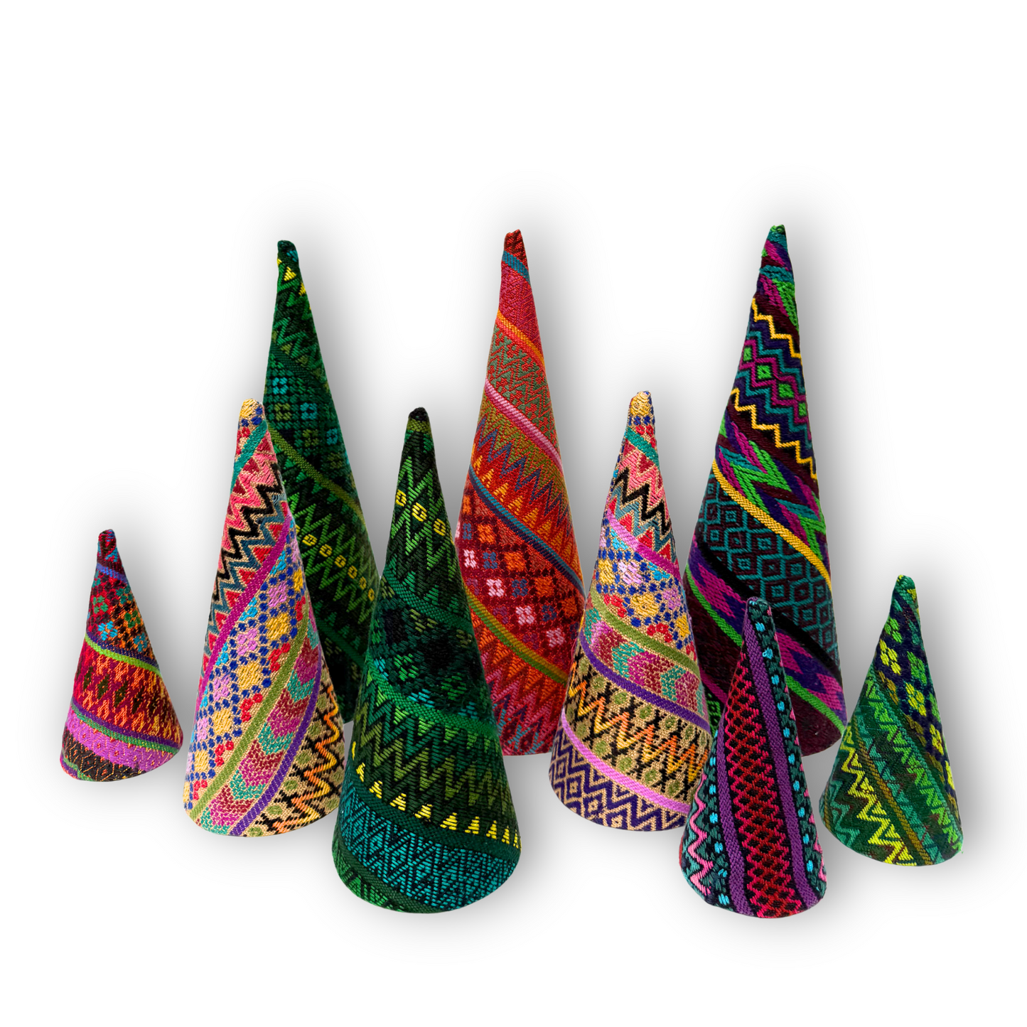 Colorful Handwoven Christmas Tree Set – Vintage Huipil Holiday Decor (Set of 3)