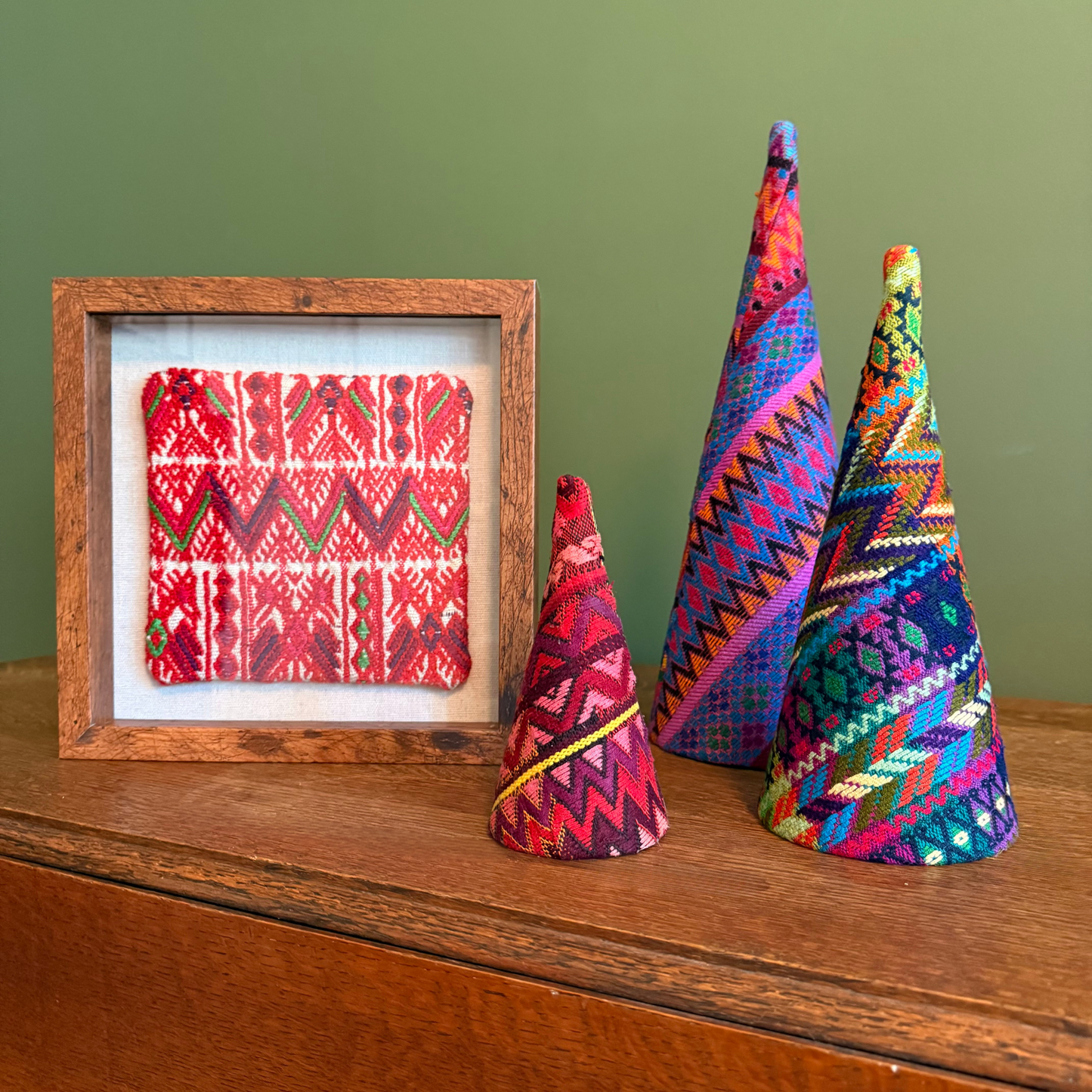 Colorful Handwoven Christmas Tree Set – Vintage Huipil Holiday Decor (Set of 3)