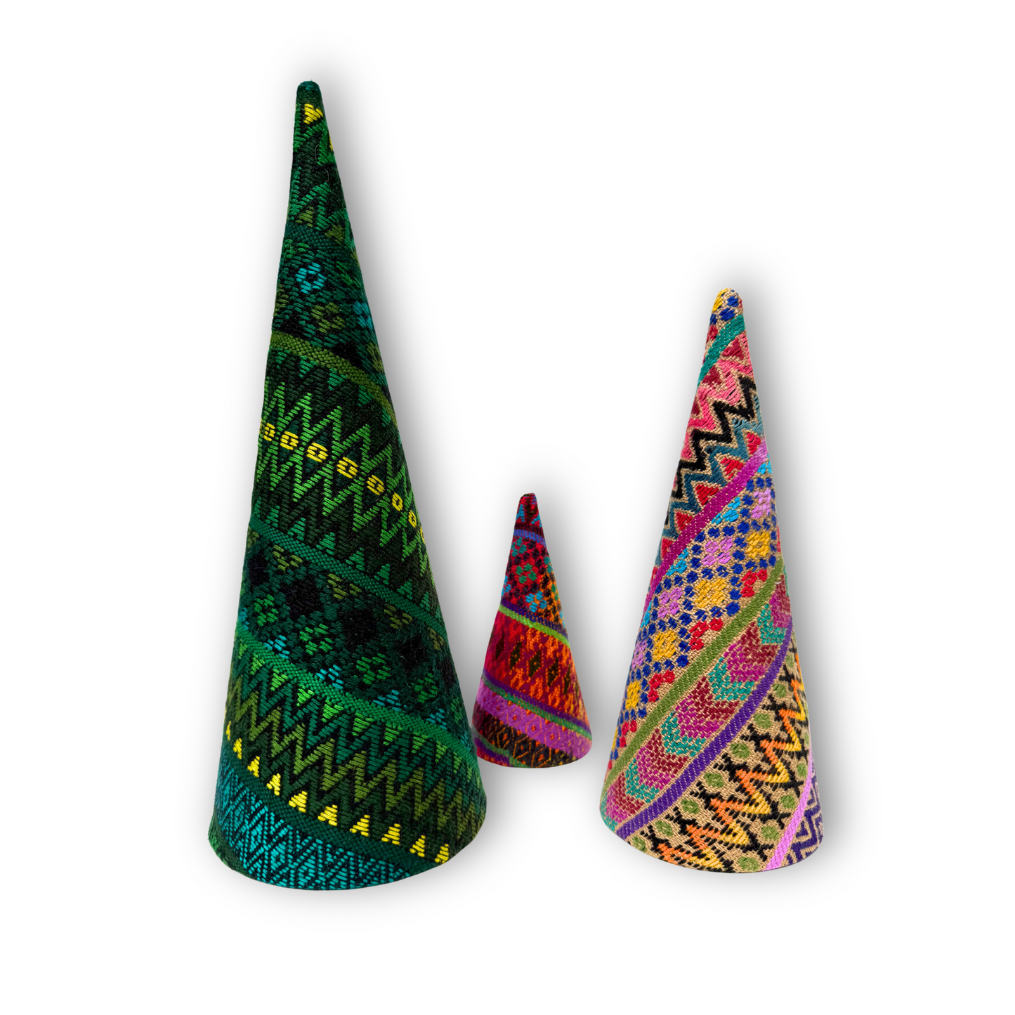 Colorful Handwoven Christmas Tree Set – Vintage Huipil Holiday Decor (Set of 3)