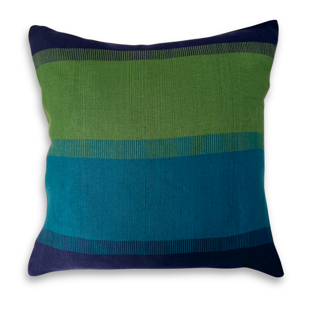 Handwoven Color Block & Hemp Pillow - Green & Navy