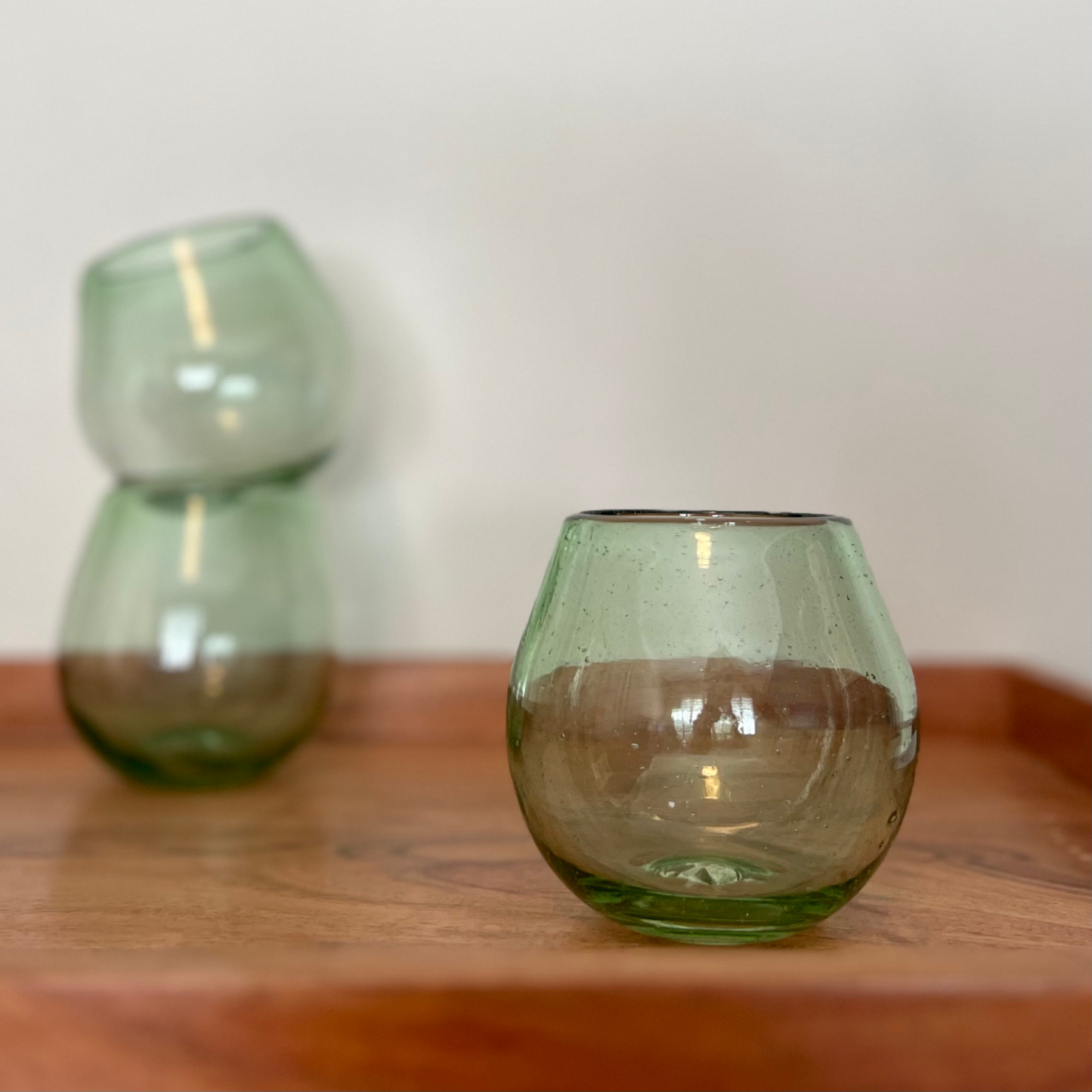Handblown Green Stemless Wine Glasses, Set of 2
