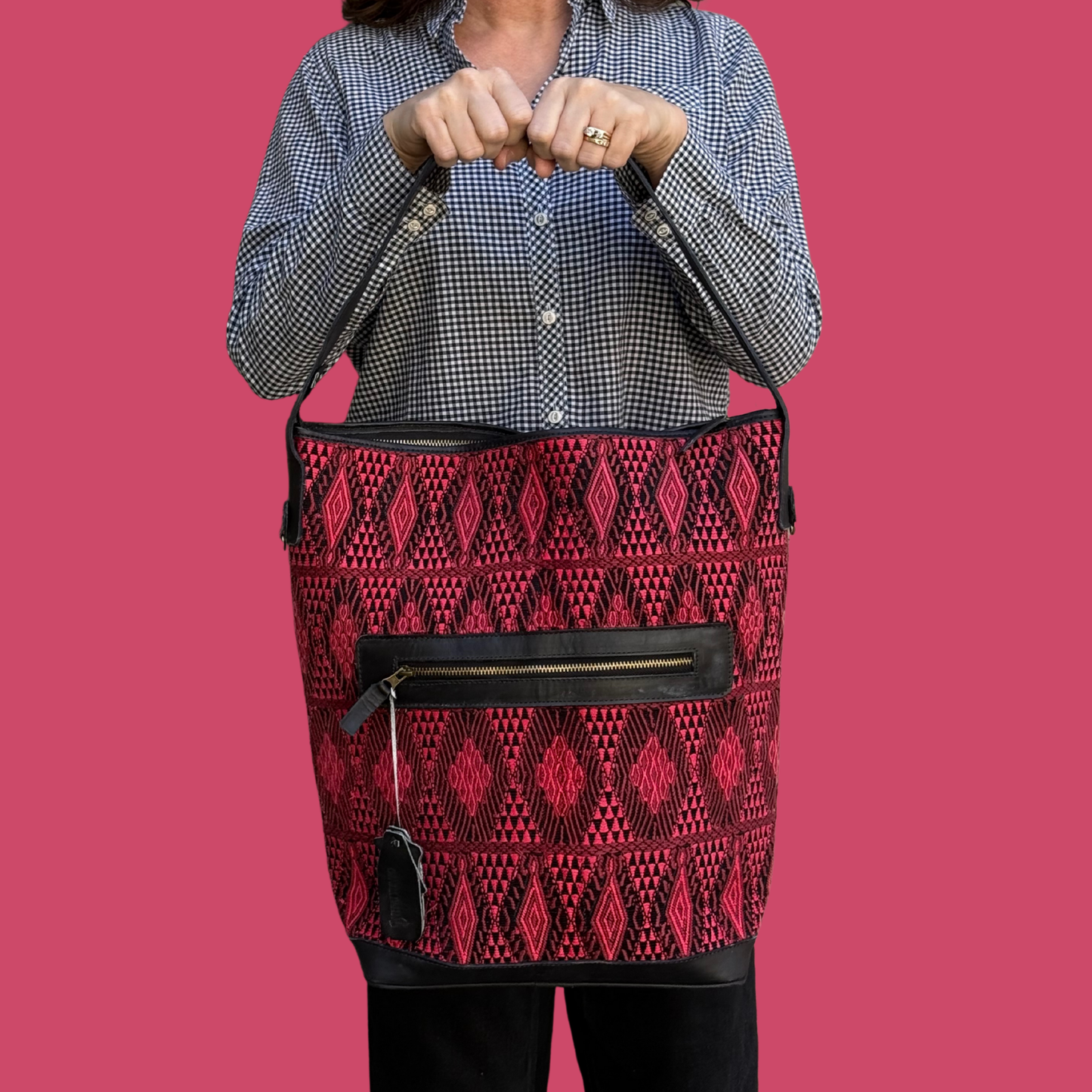 Pink-Black Huipil Bucket Bag