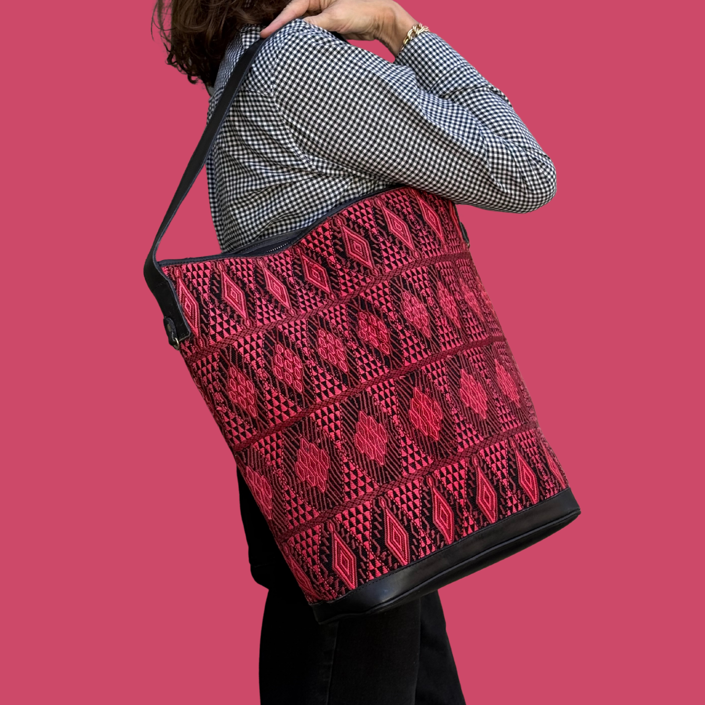 Pink-Black Huipil Bucket Bag