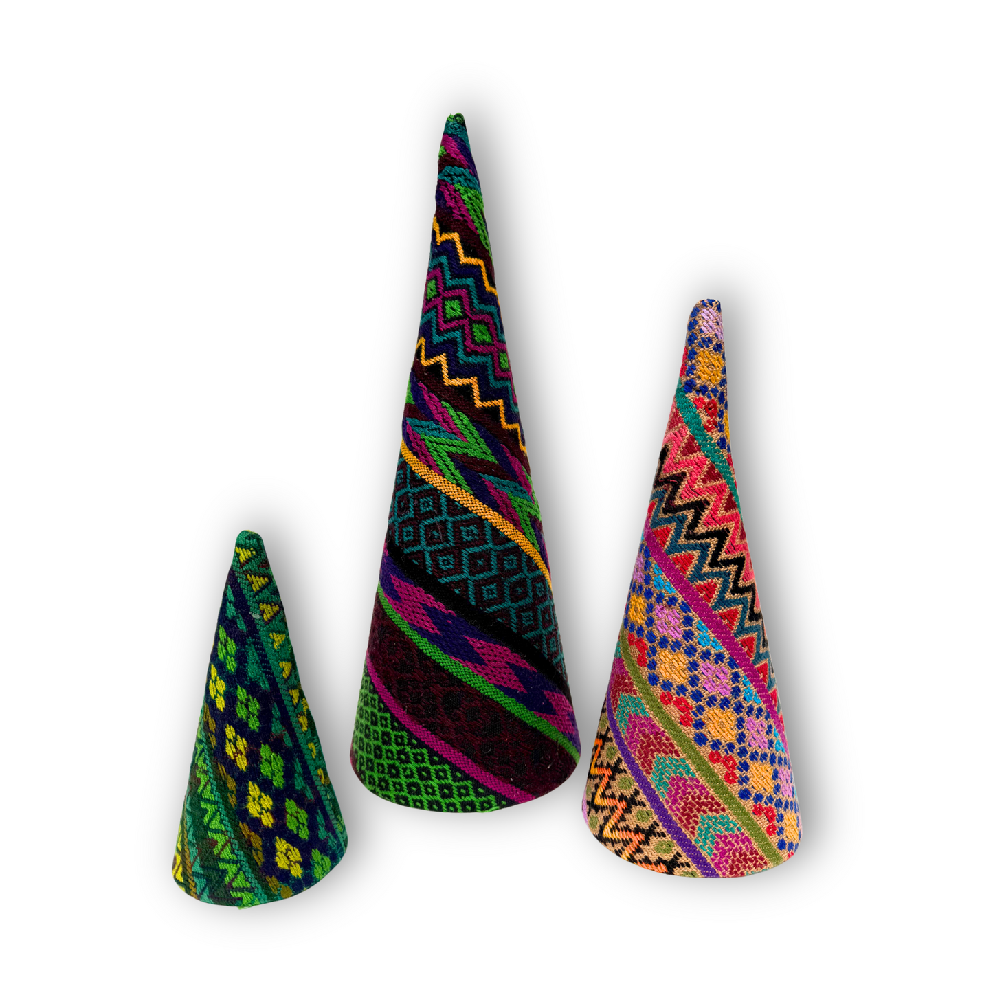 Colorful Handwoven Christmas Tree Set – Vintage Huipil Holiday Decor (Set of 3)