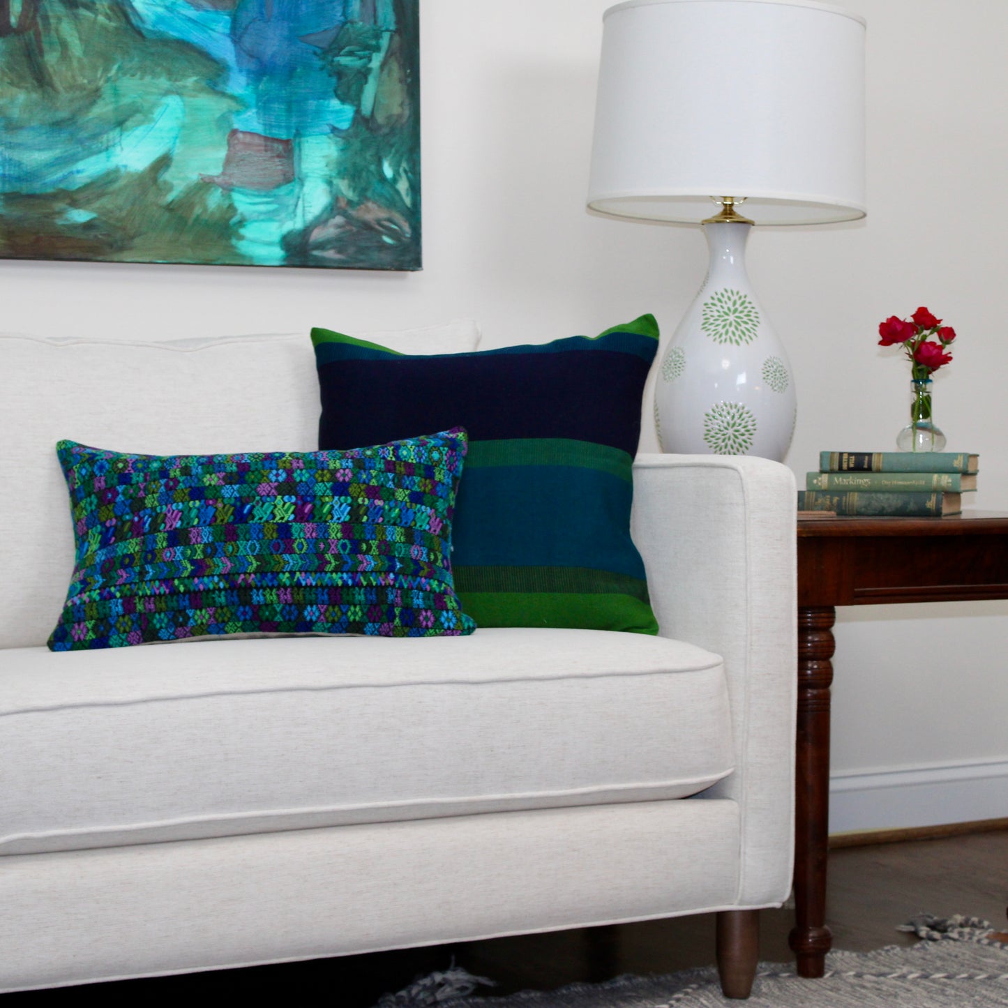 Handwoven Color Block & Hemp Pillow - Navy & Blue