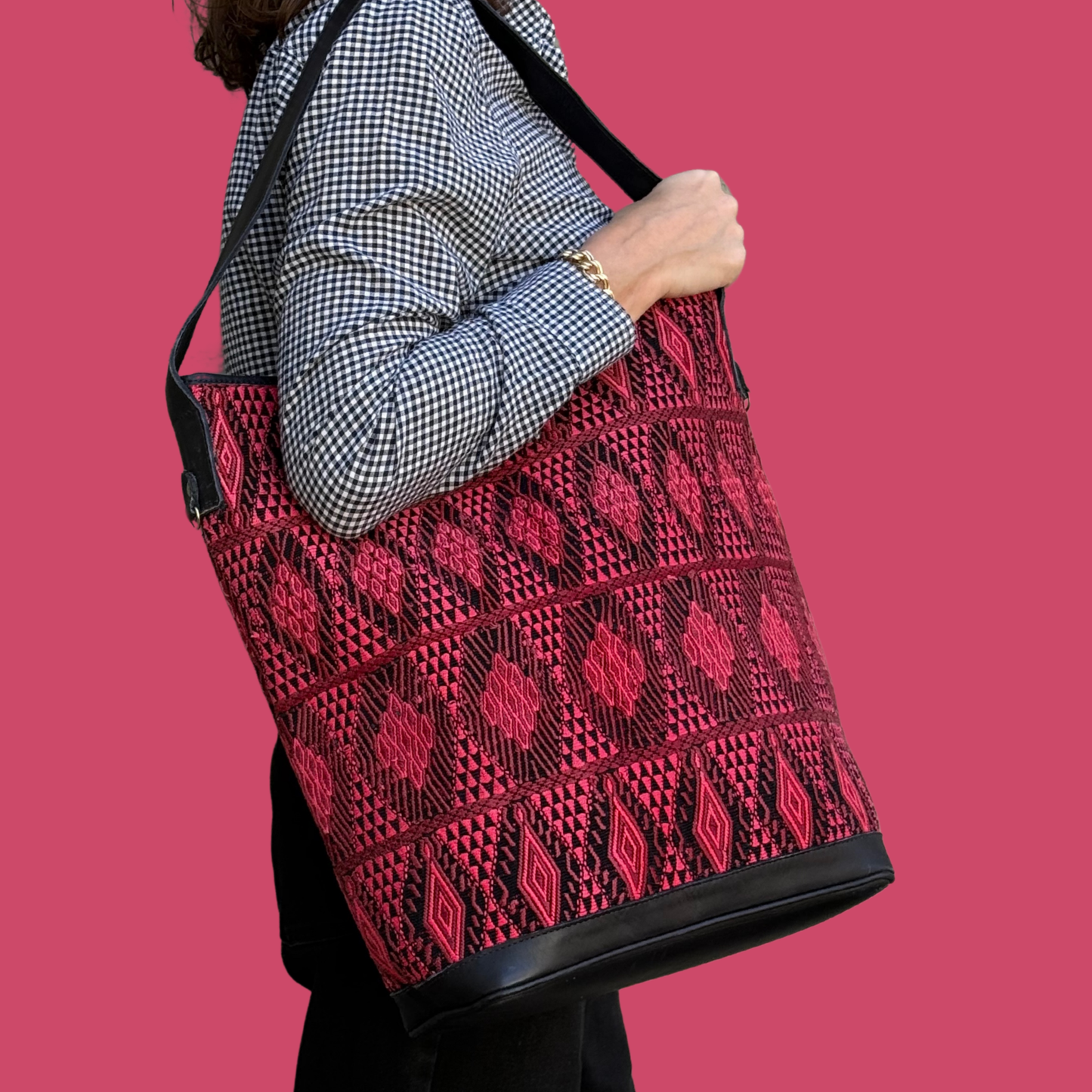 Pink-Black Huipil Bucket Bag