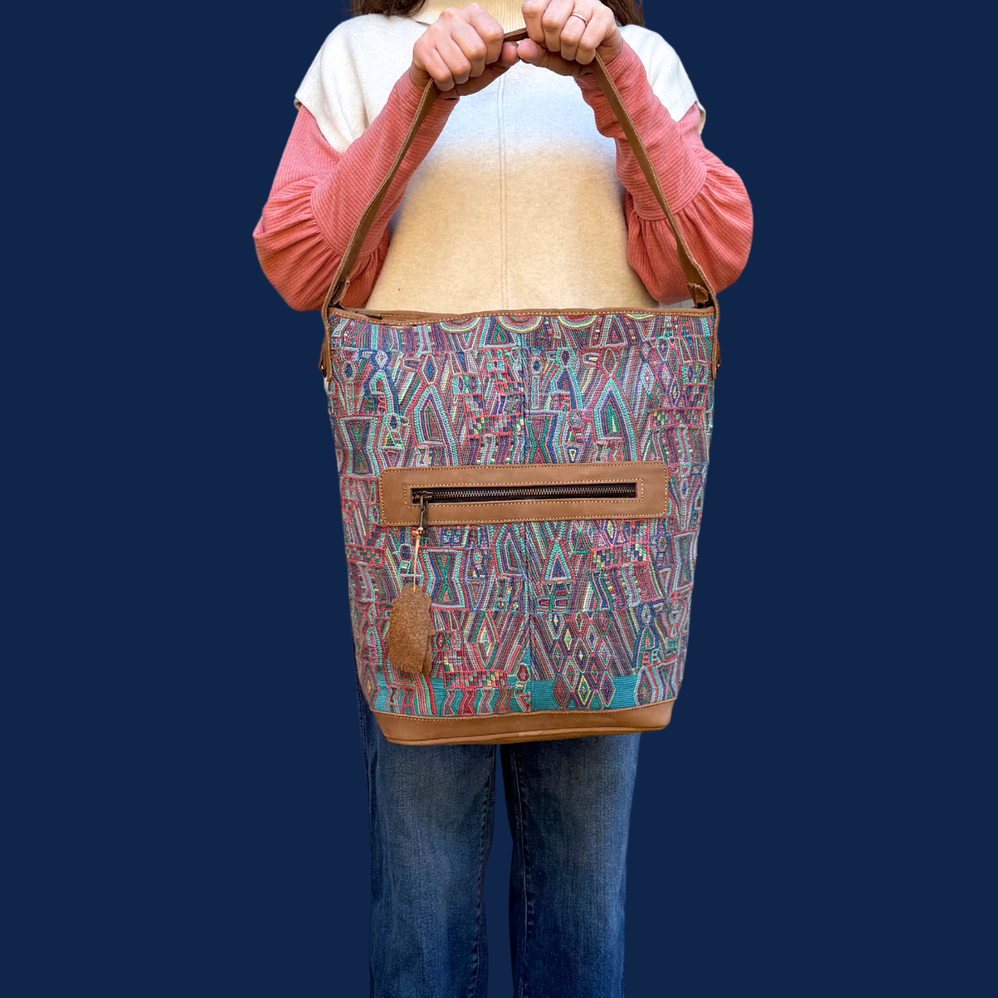 Huipil Bucket Bag - Handcrafted Vintage Mayan Textile & Leather Tote