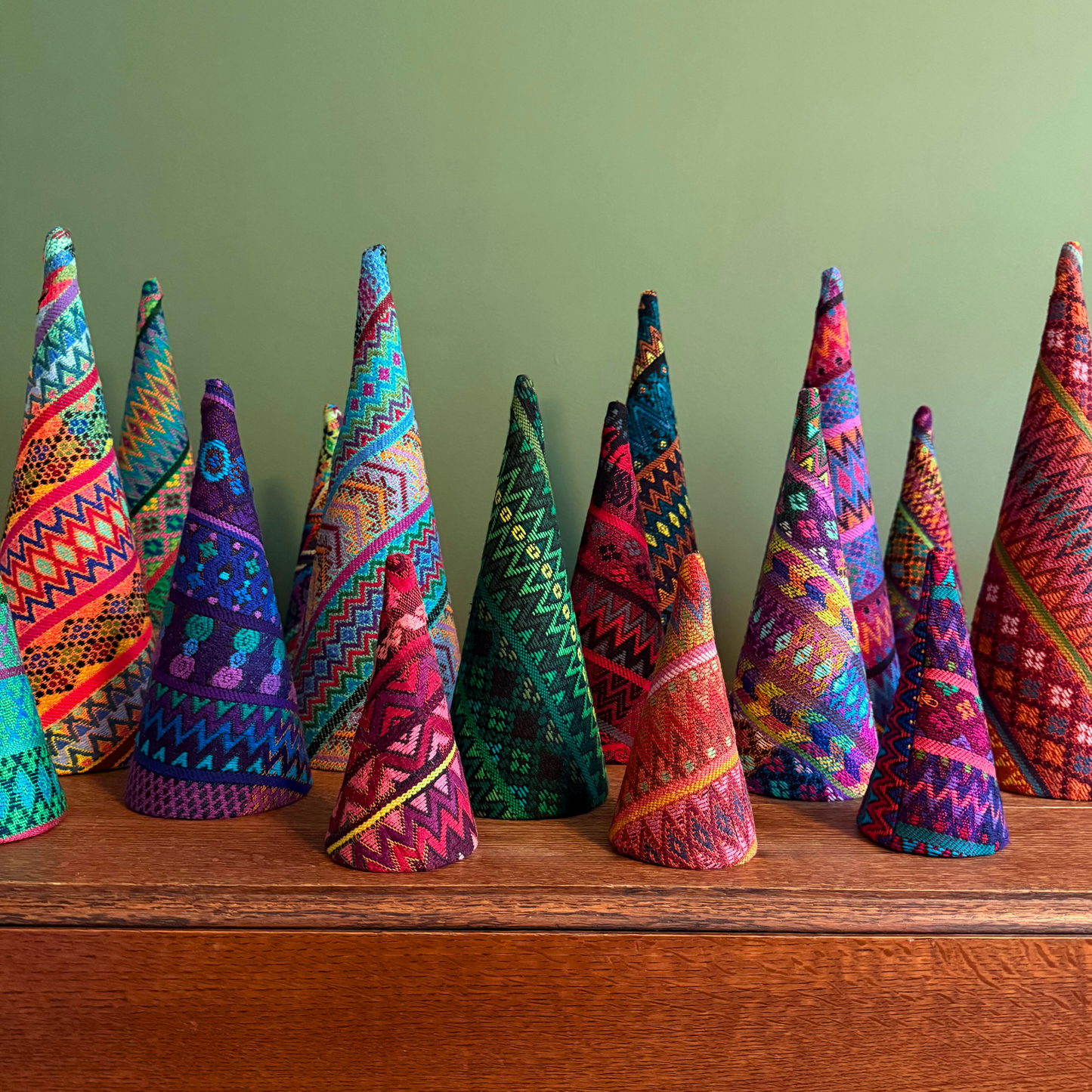 Colorful Handwoven Christmas Tree Set – Vintage Huipil Holiday Decor (Set of 3)