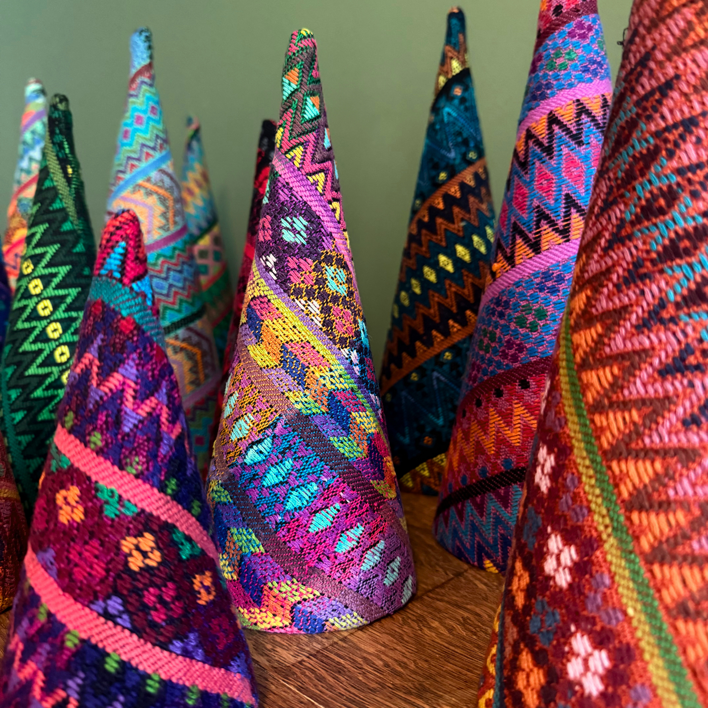 Colorful Handwoven Christmas Tree Set – Vintage Huipil Holiday Decor (Set of 3)
