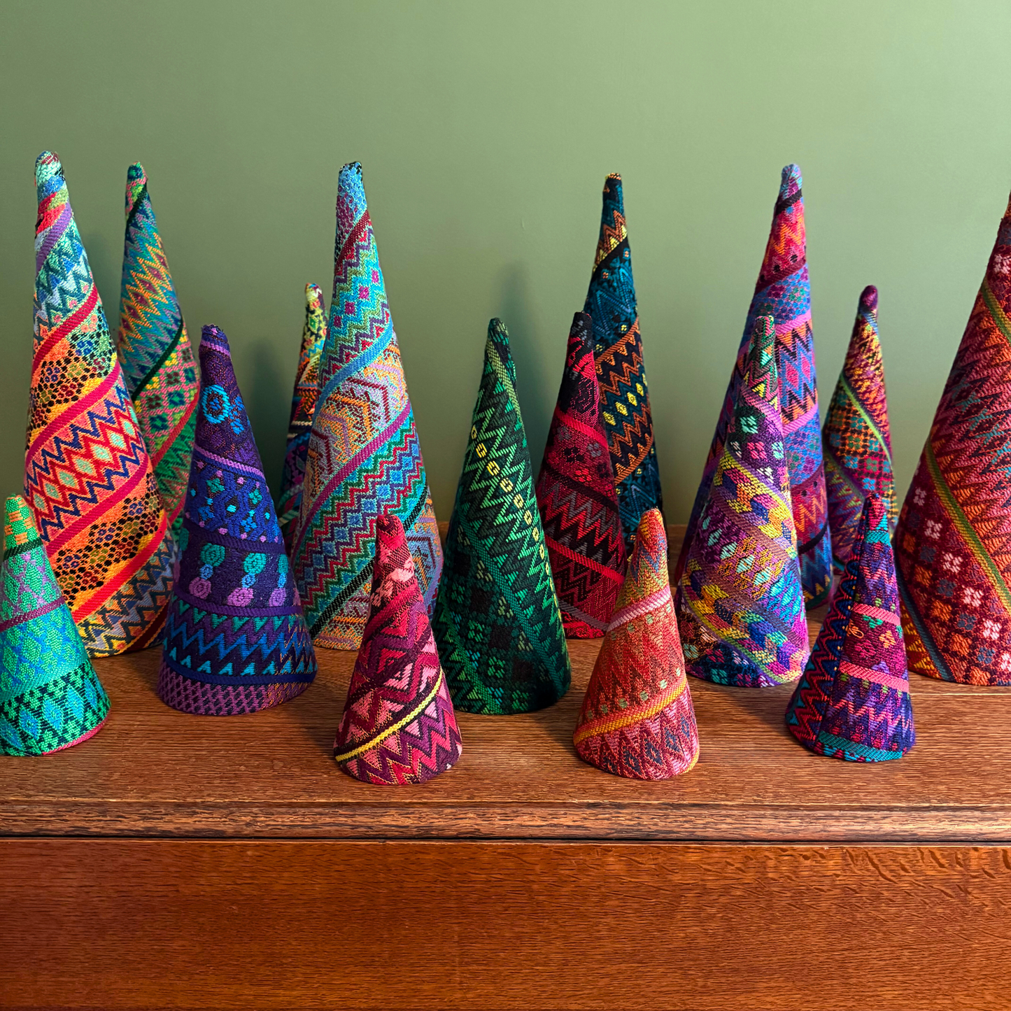 Colorful Handwoven Christmas Tree Set – Vintage Huipil Holiday Decor (Set of 3)