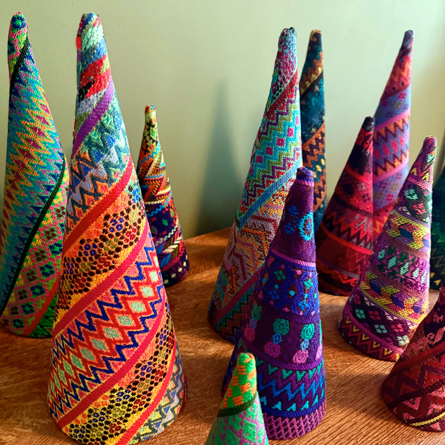 Colorful Handwoven Christmas Tree Set – Vintage Huipil Holiday Decor (Set of 3)