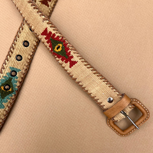 Cream Handwoven Guatemalan Whip-Stitched Belt - close up