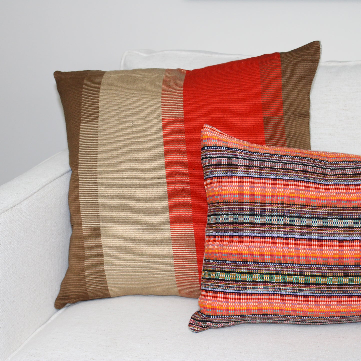 Handwoven Color Block & Hemp Pillow - Tan & Orange
