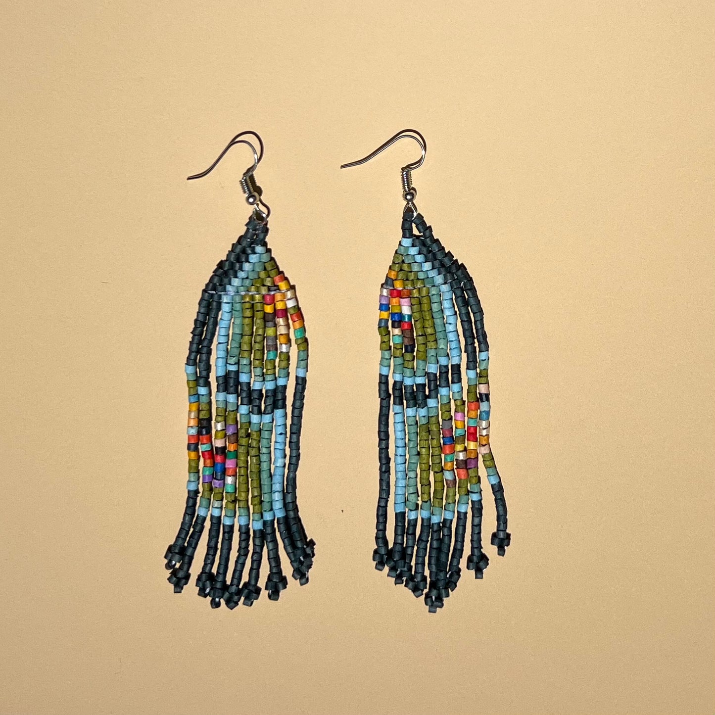 Ceramic Bead Earrings - Long Blue-Multi Fringe