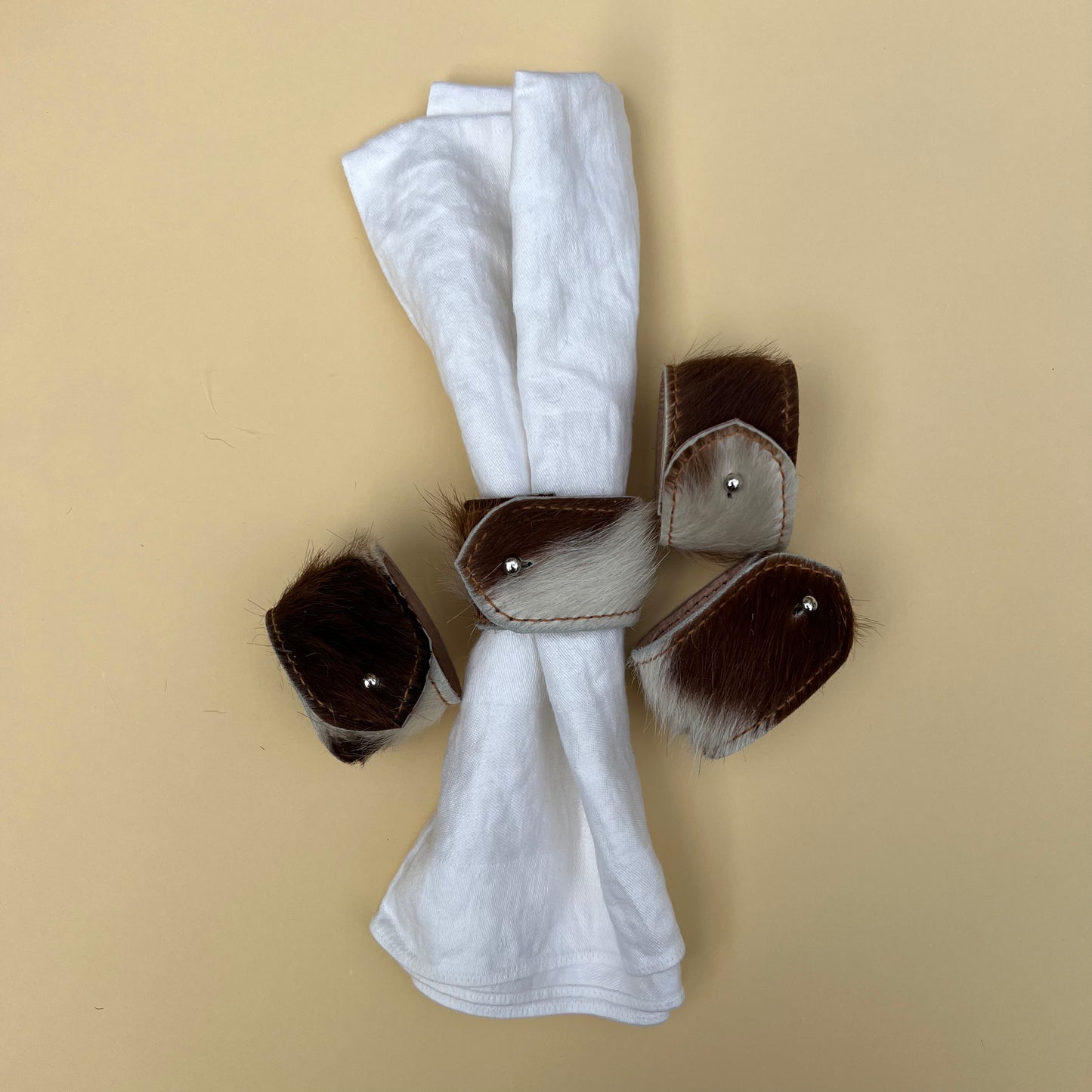 Hair on Hide Stud Closure Napkin Rings (Brown/Cream)
