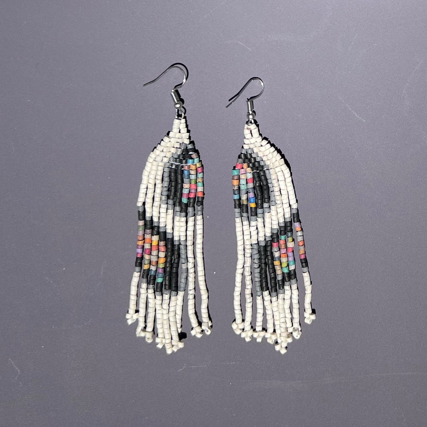 Ceramic Bead Earrings - Long White-Black-Multi Fringe