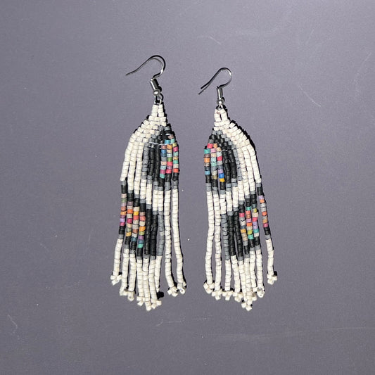 Ceramic Bead Earrings - Long White-Black-Multi Fringe