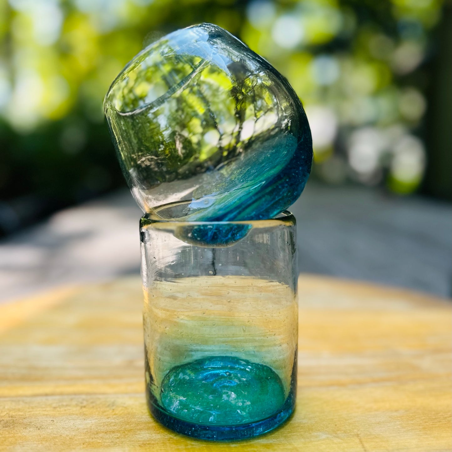 Handblown Teal Stemless Wine Glasses, Set of 2