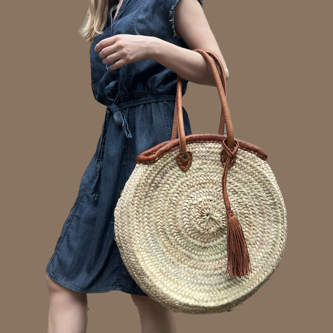 Woven Leather Trimmed Circle Purse Intertwined Handmade for Good