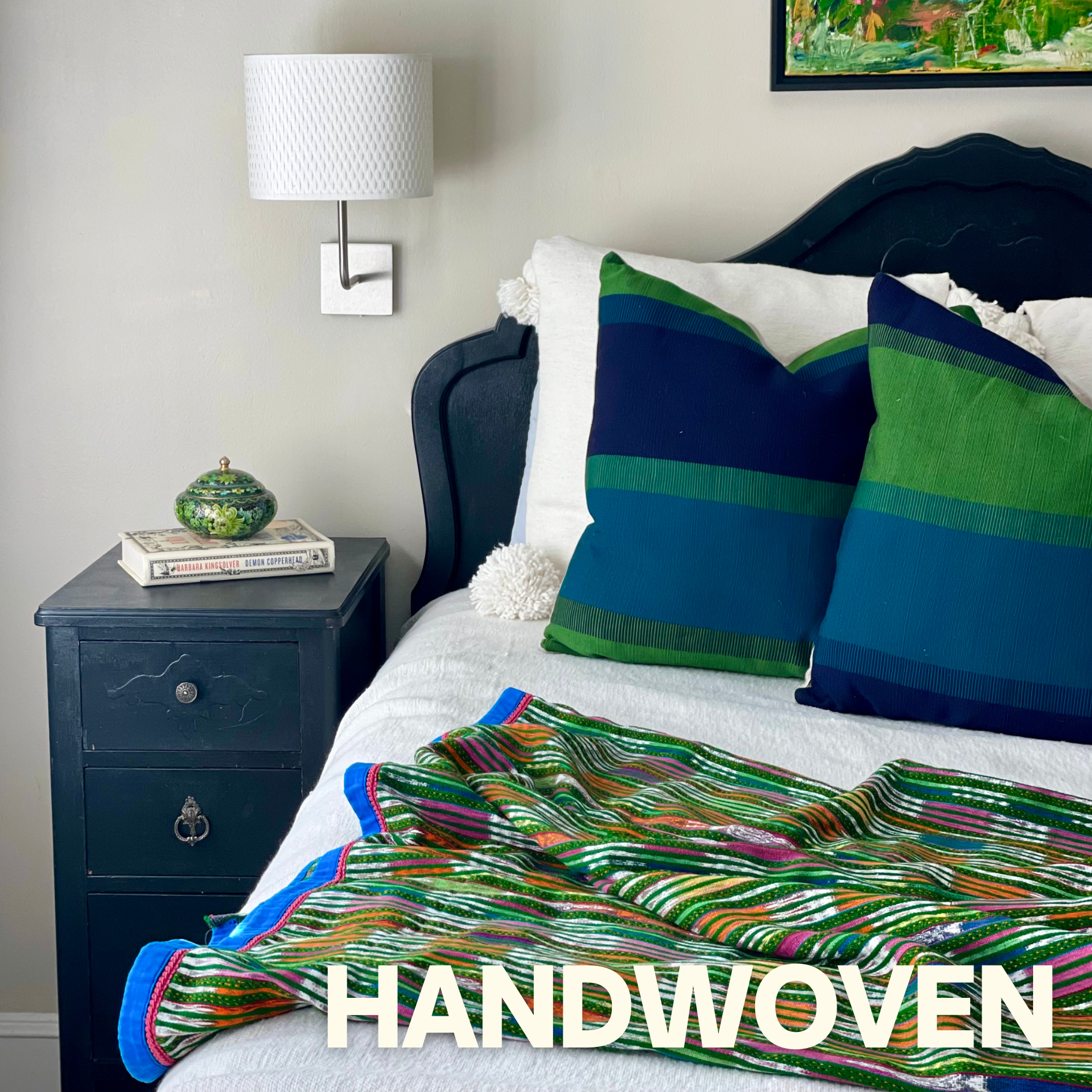 handwoven blanket on bed