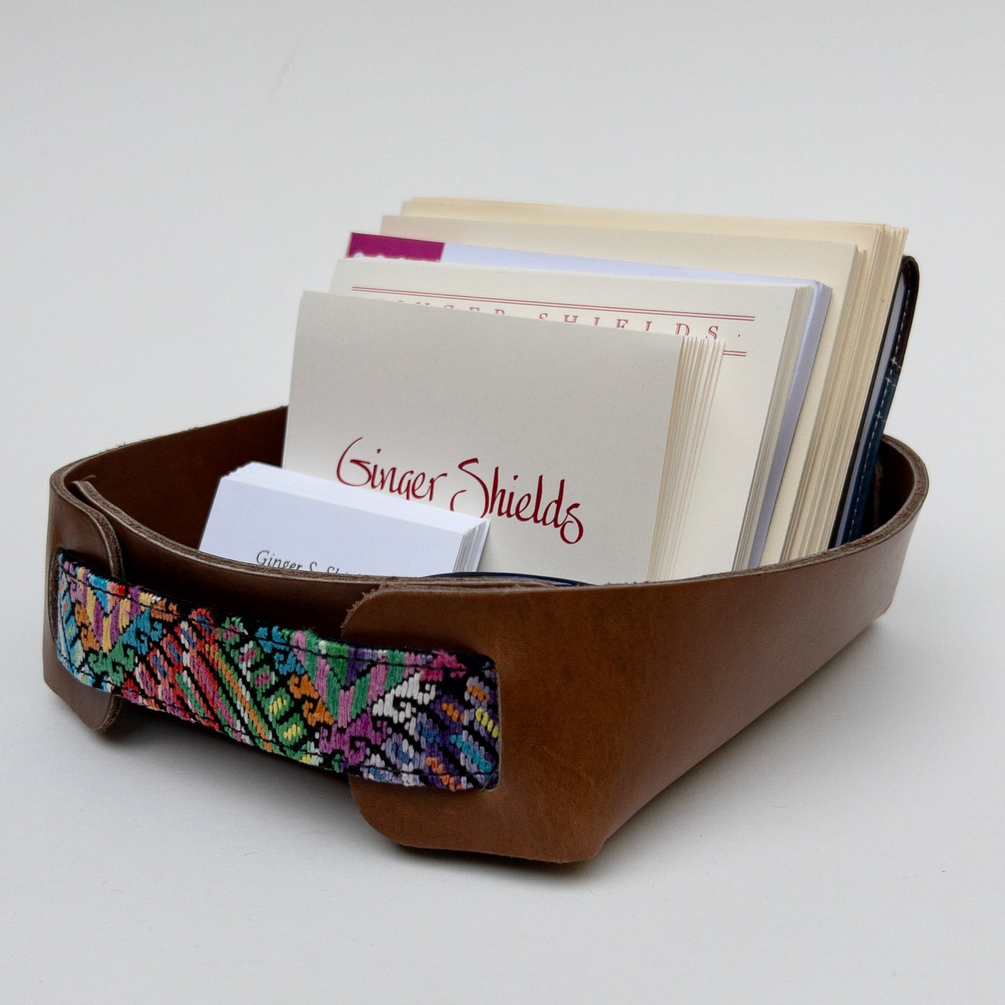 Leather Valet Tray with Huipil Accent