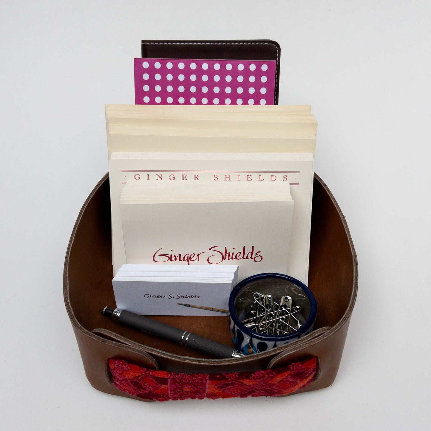 Leather Valet Tray with Huipil Accent