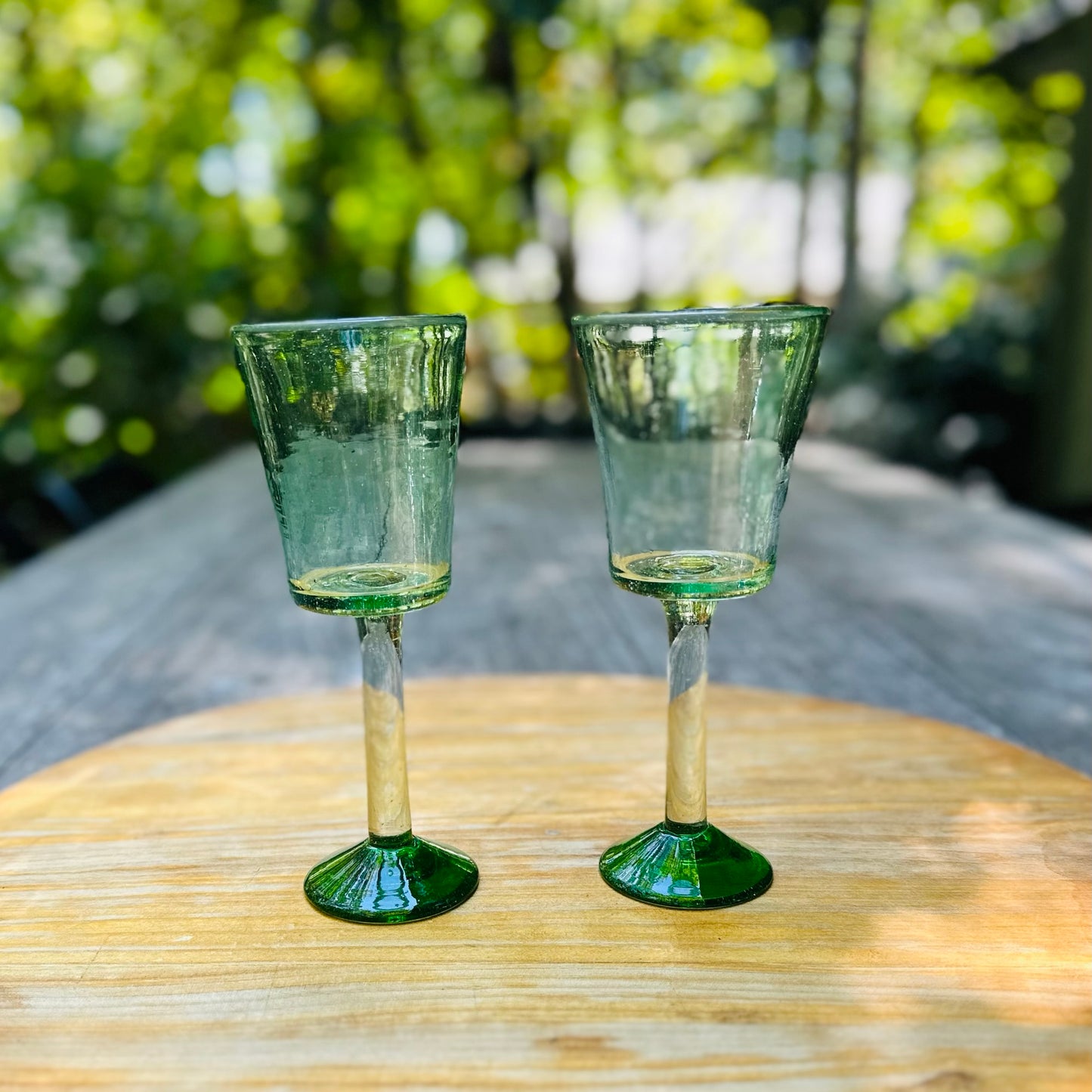 Handblown Green Wine Glasses, Set of 2