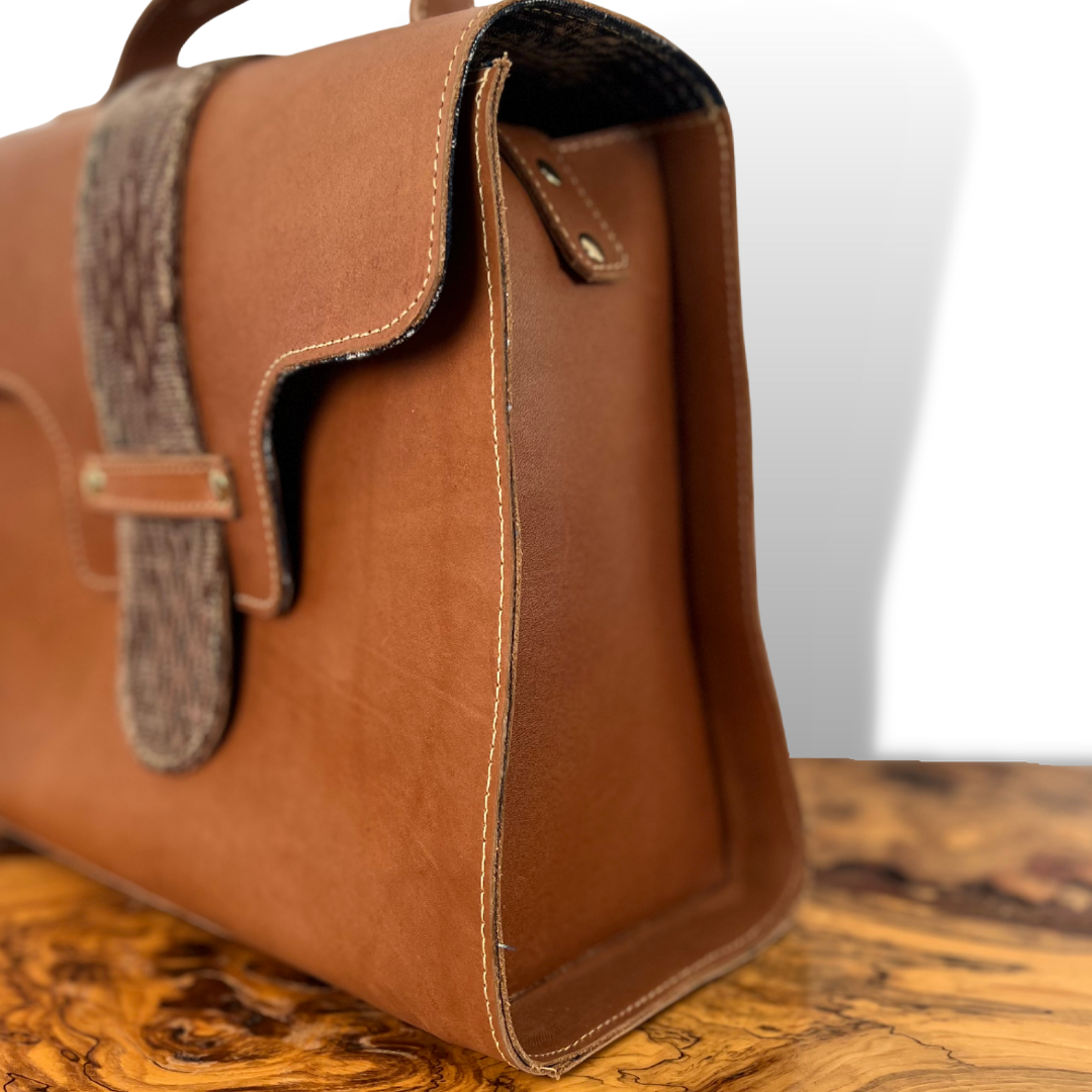 Leather Handbag with Huipil Accent