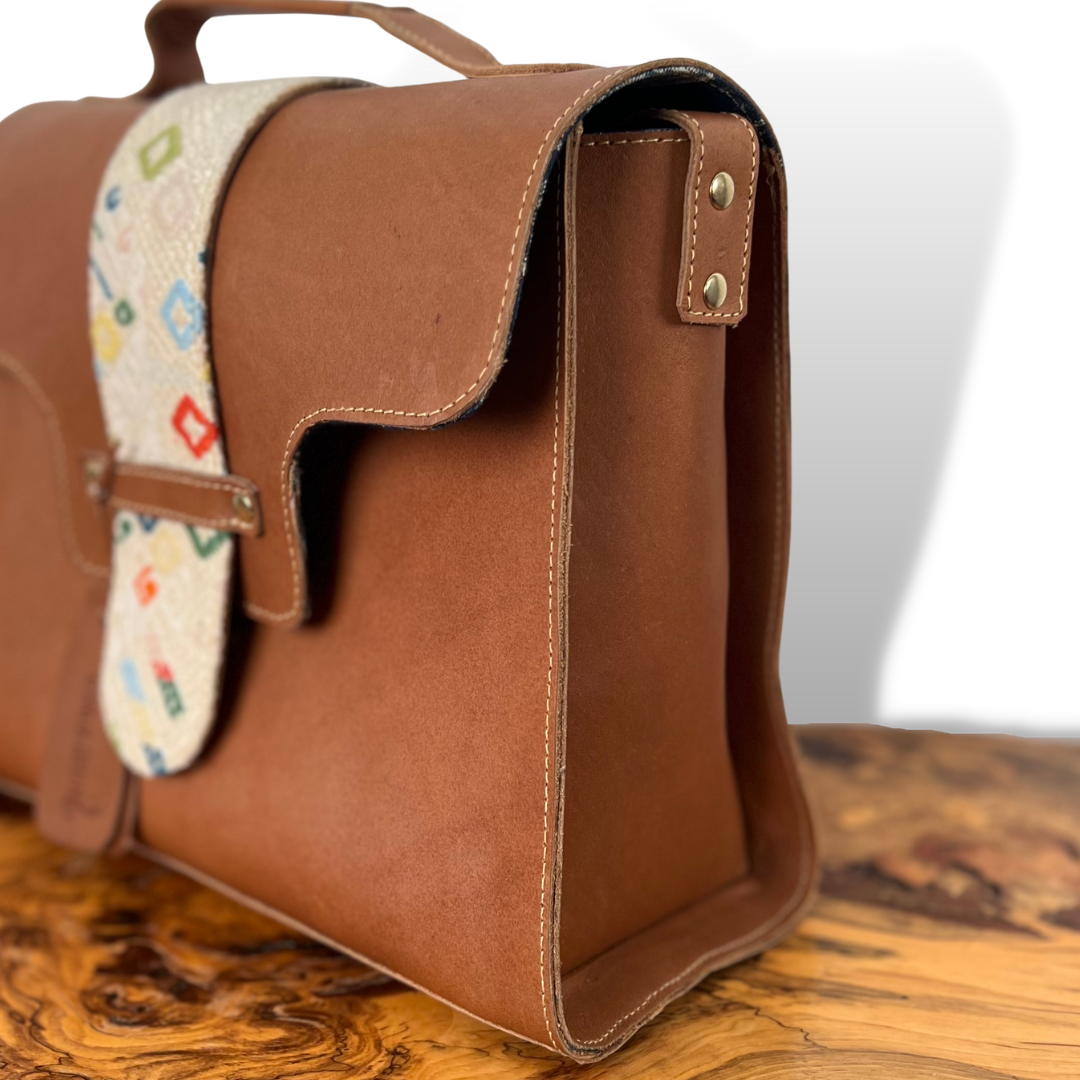 Leather Handbag with Huipil Accent