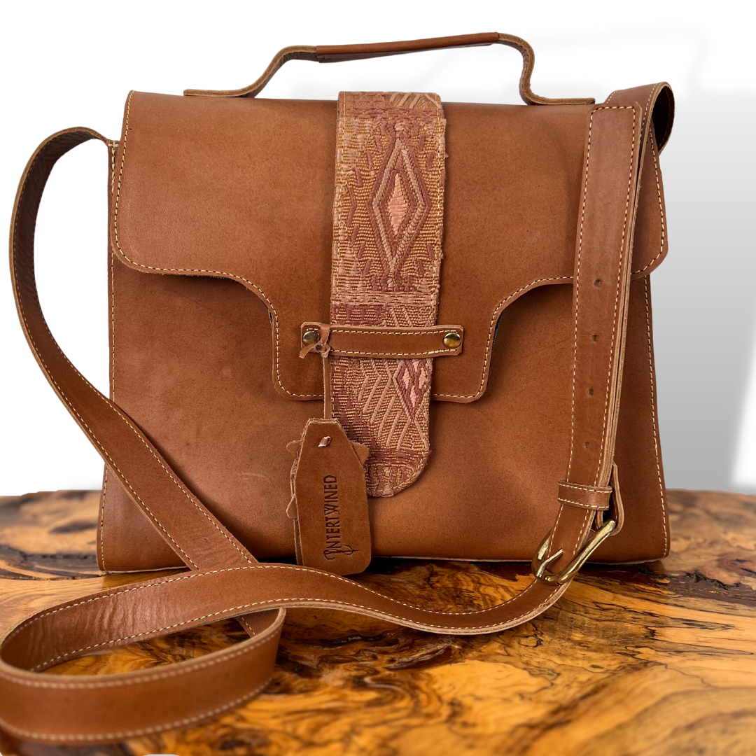 Leather Handbag with Huipil Accent