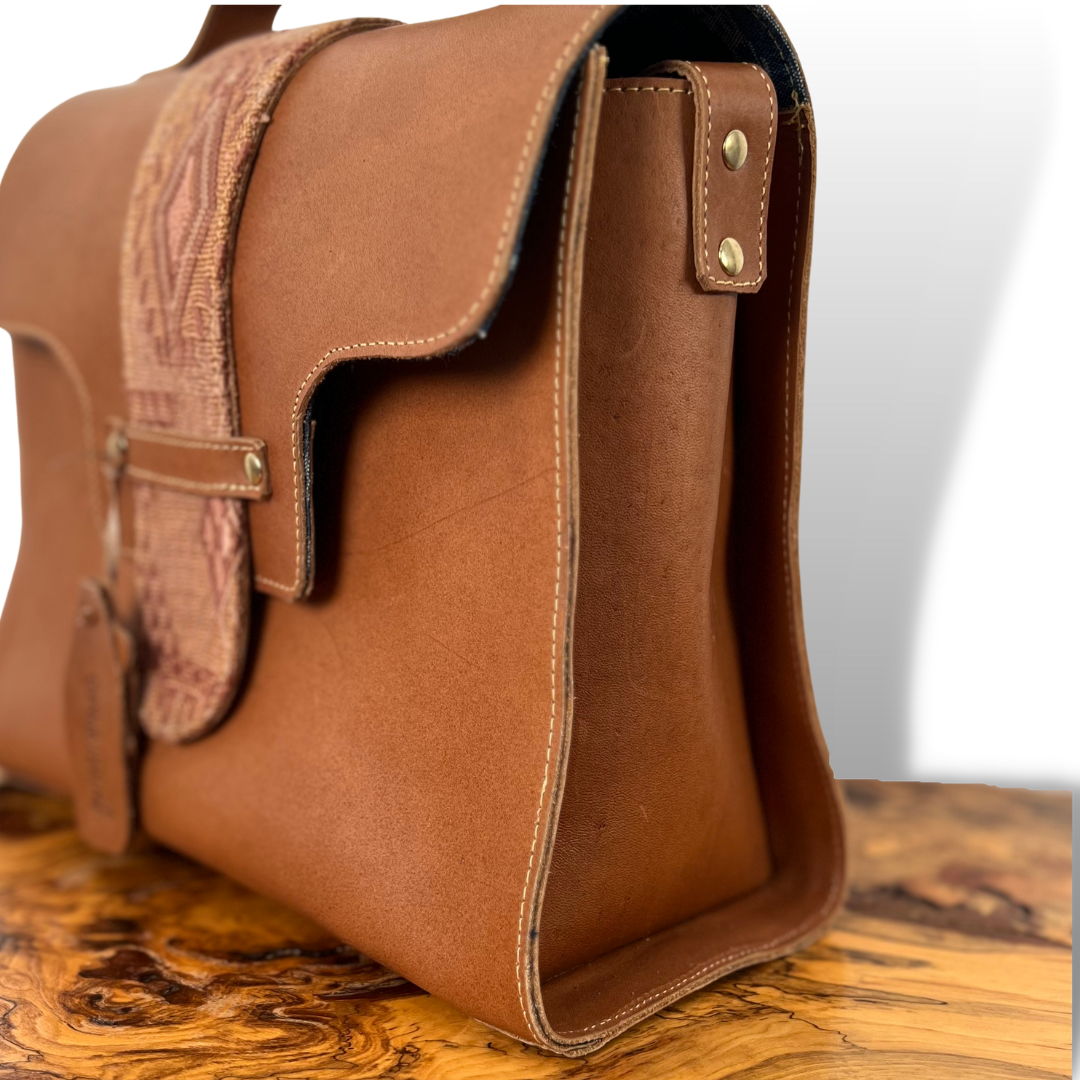 Leather Handbag with Huipil Accent