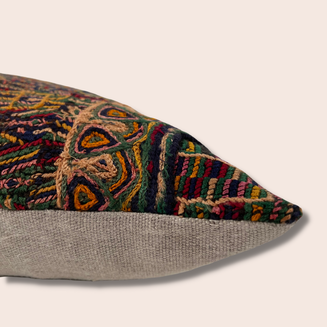 Close up of Multicolor brown statement pillow made of huipil and hemp - Intertwined: Handmade for Good