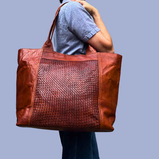 Woven Leather Tote (Cognac)