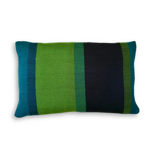 Handwoven Color Block & Hemp Pillow - Navy & Green