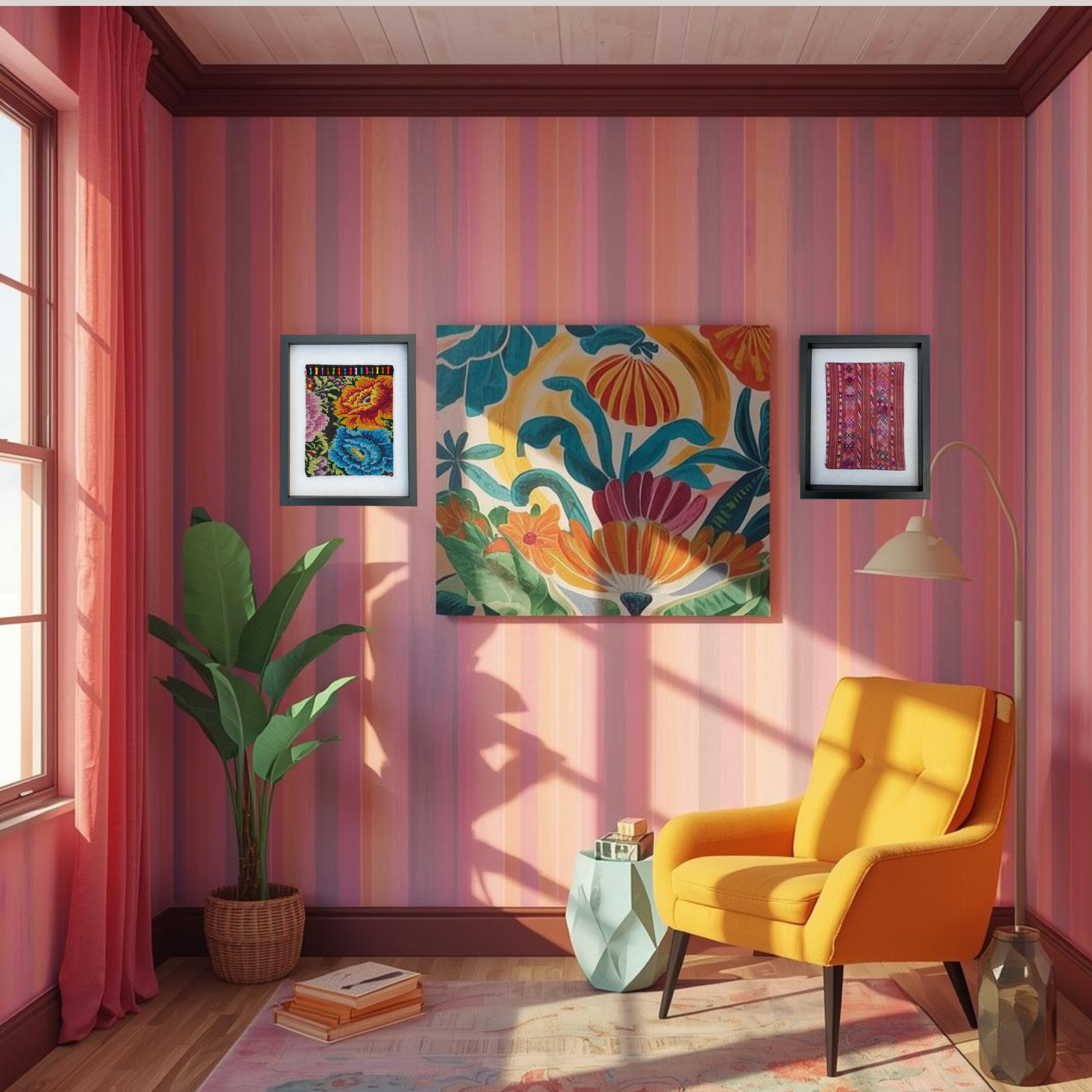 Living room with pink striped walls, colorful artwork, a yellow armchair, and decorative elements.