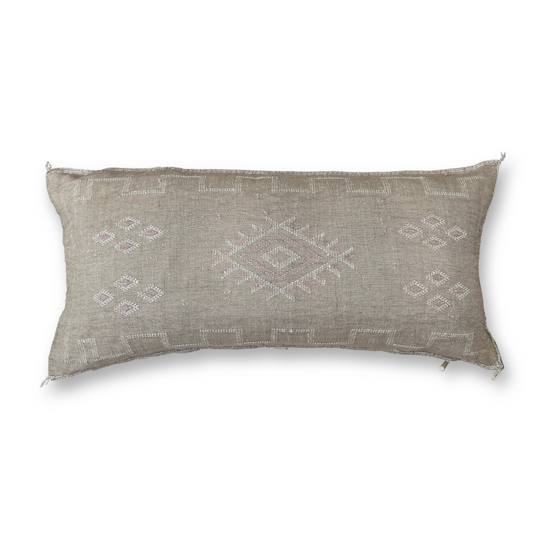 Beige Large Sabra Cactus Silk Lumbar Pillow | Handwoven in Morocco