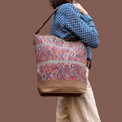 Huipil Bucket Bag - Handcrafted Vintage Mayan Textile & Leather Tote
