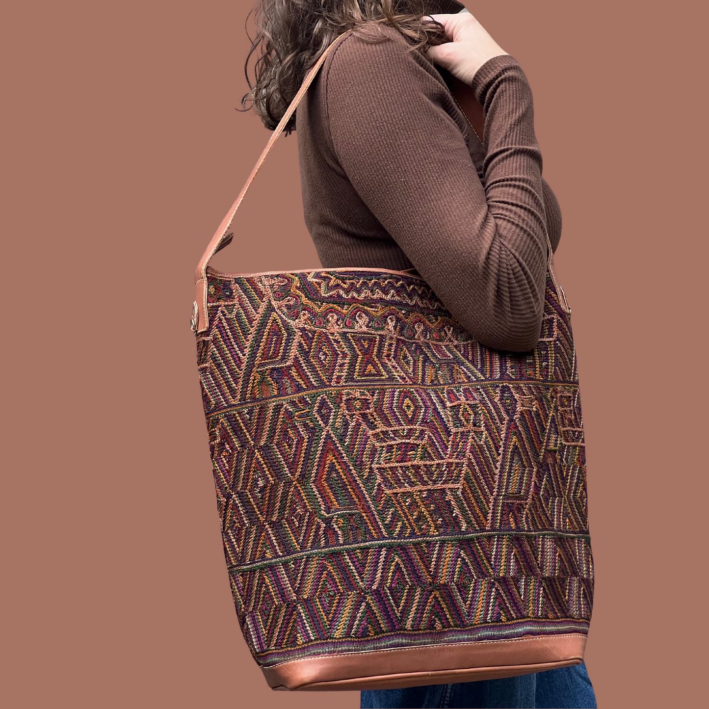 Brown Huipil Bucket Bag