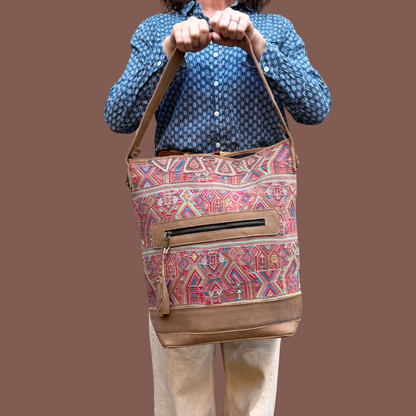 Huipil Bucket Bag - Handcrafted Vintage Mayan Textile & Leather Tote
