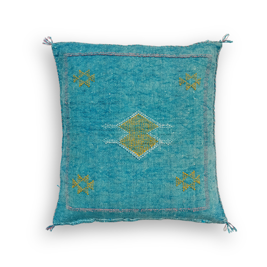 Turquoise Sabra Cactus Silk Kilim Pillow Cover | Handwoven Moroccan Home Decor
