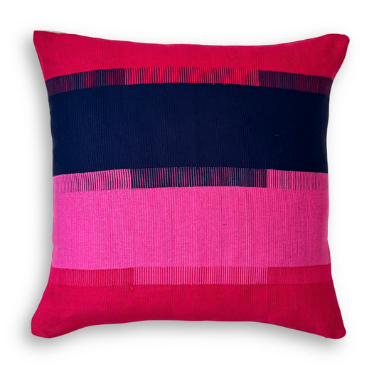 Handwoven Color Block & Hemp Pillow - Navy & Pink