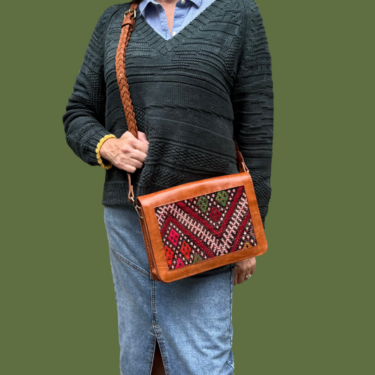 Leather & Kilim Crossbody Bag – Handmade in Morocco from Full-Grain Vegetable-Tanned Leather