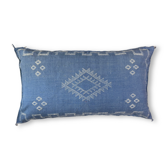 Blue Large Sabra Cactus Silk Lumbar Pillow | Handwoven in Morocco