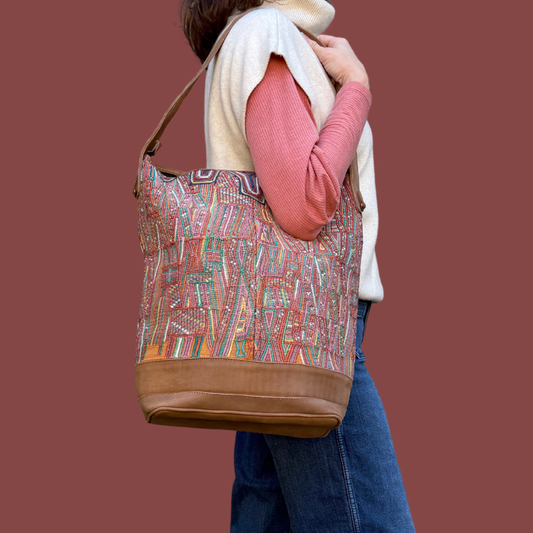 Huipil Bucket Bag - Handcrafted Vintage Mayan Textile & Leather Tote